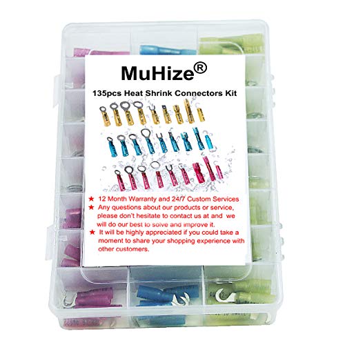 Muhize Heat Shrink Wire Connectors Kit - 135 Pcs Upgrade Electrical Wire Terminals Kit(2023 New), Insulated Waterproof Marine Automotive Crimp Connector, Ring Fork Hook Spade Butt Splices #TOP6