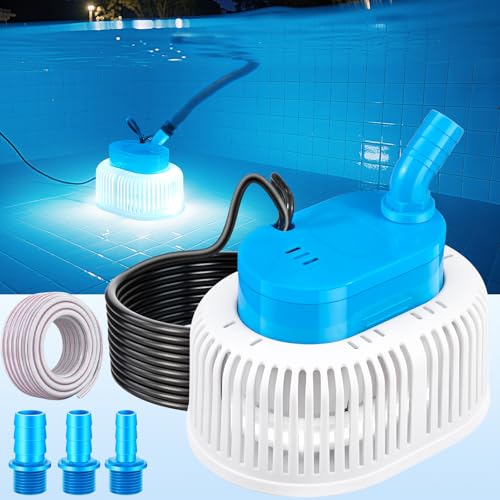 Pool Cover Pump with Lights,2025 Above Ground Sump Pump Submersible, Sump Pumps for Pool Draining, Swimming Water Removal Pumps with 16ft Drainage Hose & 25 ft Extra Long Power Cord,850 GPH,4 Adapters