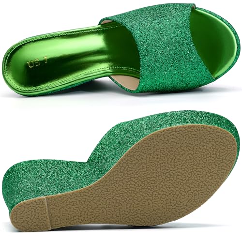 Allegra K Allegra K Women's Glitter Platform Slip on Wedge Heels Green Sandals 6.5 m US