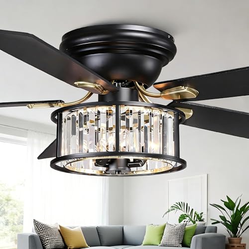 Image of 52 Inch Flush Mount Chandelier Ceiling Fan with Lights Rustic Ceiling Fan Low Profile Farmhouse Fandelier Chandelier Light for Bedroom Living Room, 3 E26 Bulbs (1)