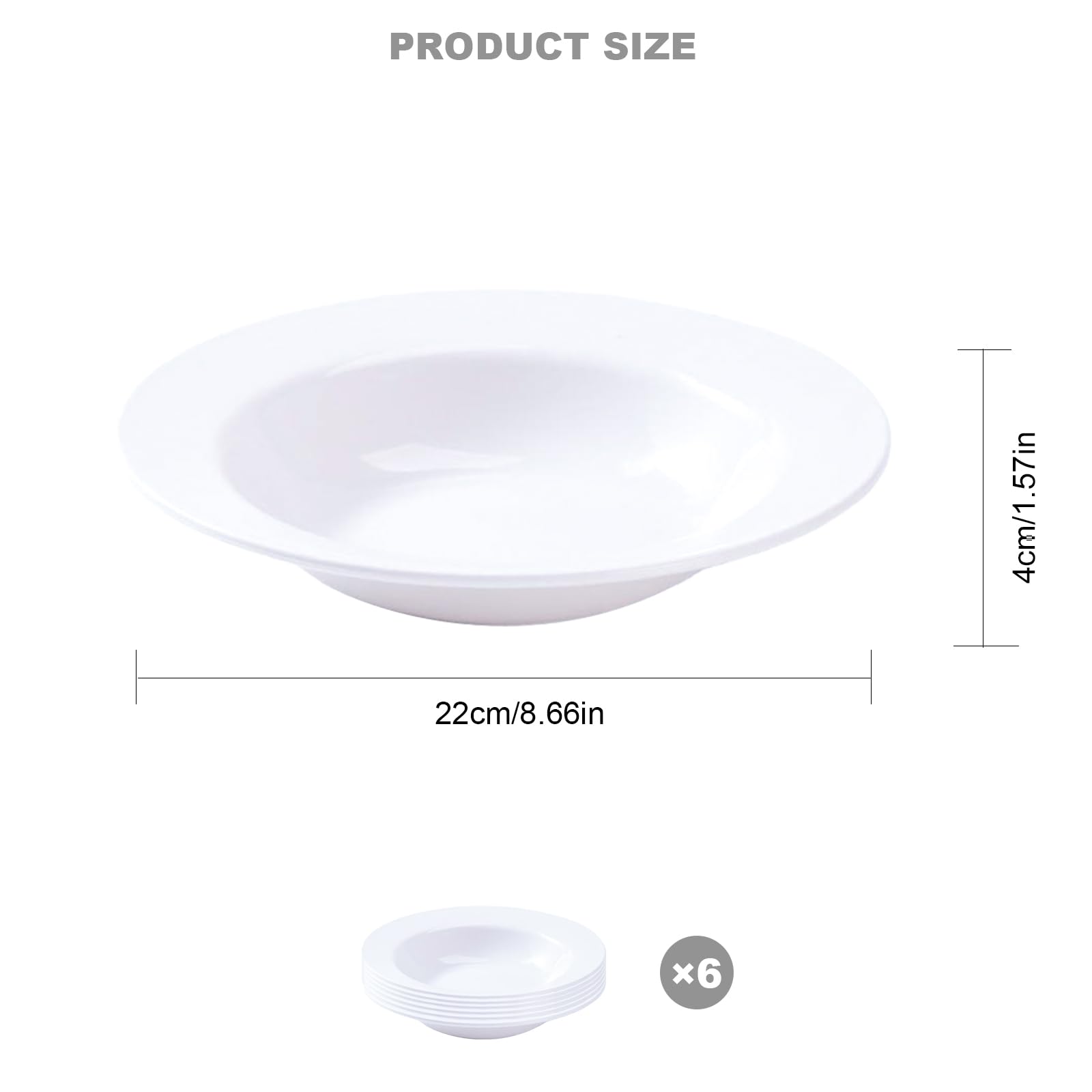 6 Piatti Fondi in Plastica Riutilizzabili Piatti per Pasta 22 x 4 cm, Piatti da Dessert da Campeggio per Insalate, Bistecche, Colore Bianco