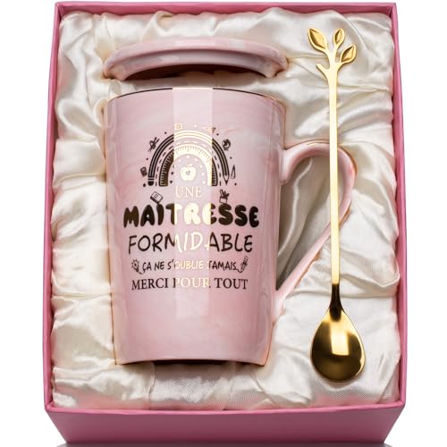 Cadeau voor schoollerares, cadeau dank u Meesteres Mok 400ml, Gift u School Meester Marmeren Keramische Mok, Cadea-u Leraar Idee Cadea-u Einde van het jaar Meesteres, met Lepel, Cadeaudoos, Kaart