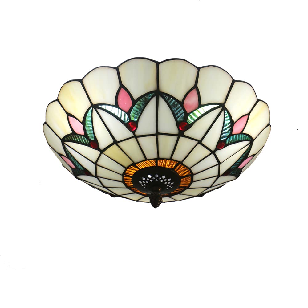 Tiffany Style Stained Glass Ceiling Lamp - 16 Inch Flush Mount Lighting Fixture