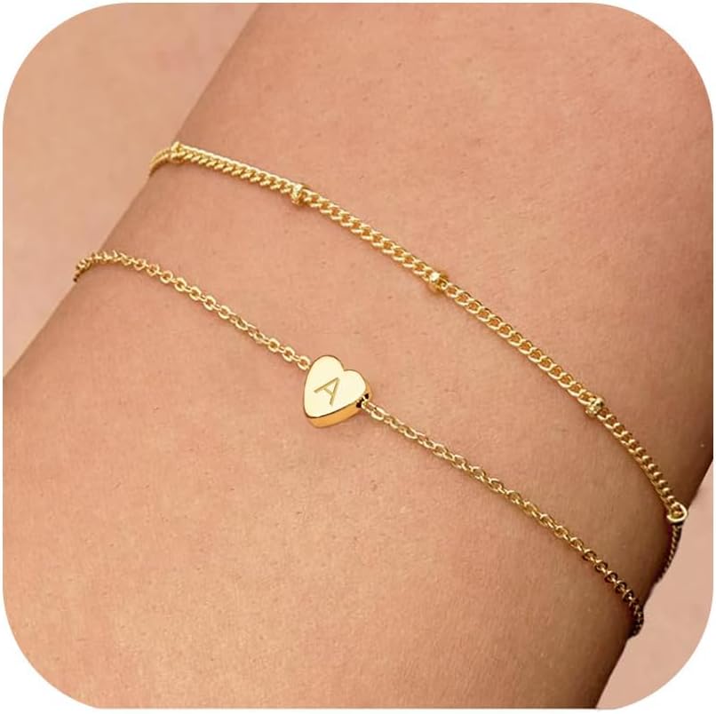 Gold Bracelets for Women, 18K Gold Plated Letter A Initial Bracelet for Women Heart Bracelet Stacks Dainty Gold Bracelets Gold Jewelry Teen Gifts Trendy Stuff Today 2024