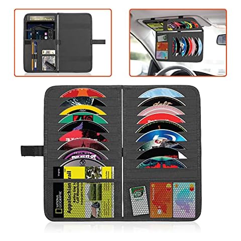Trobo Car Visor Organizer, 18 Double Sided Sleeve Pockets CD Holder for Personal Items, Documents, 2 in 1 Registration and Insurance Card, Ticket & DVD Storage Case Pouch, Interior Visor Accessories Cover