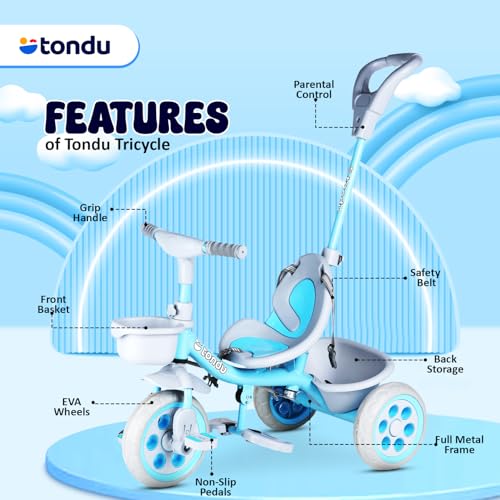 Image of TONDU Kiddo Tricycle for Kids /Baby with Storage Basket | Seat Belt with Parental Control Baby Tricycle (Blue)