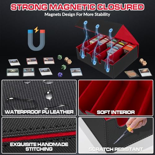 Image of AOBOPLE Trading Card Storage Box,3500+ Card Box Storage with 48 Dividers and 10 Card Supporters PU Leather Magnetic Cards Deck Case for MTG,TCG,Magic and Sport Cards (Black Red)
