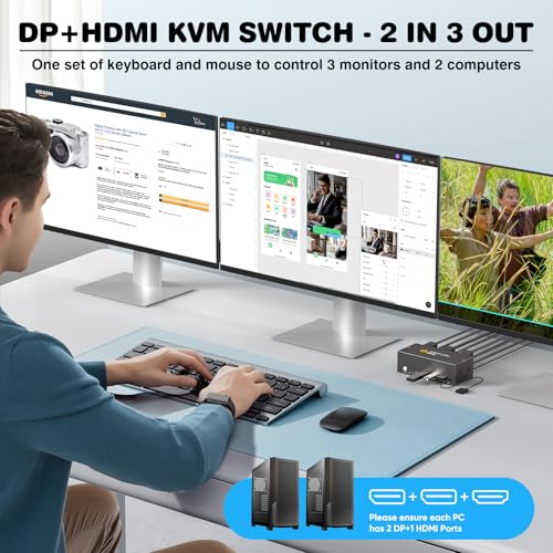Image of GREATHTEK 3 Monitor KVM Switch for 2 Computers, DisplayPort HDMI Triple Monitor KVM Switch 8K@60Hz /4K@240Hz, 4 USB 3.0 Ports, Adaptive EDID, Windows /macOS /Linux for Home Office, Programming, Gaming