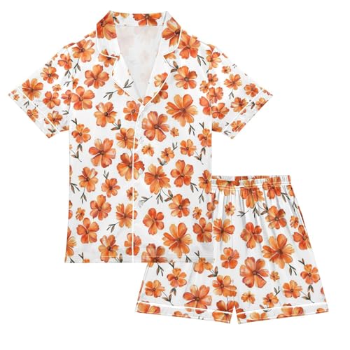senya Orange Flower Satin Summer Pajama Sets Silk Short Sleeve Button Down Sleepwear