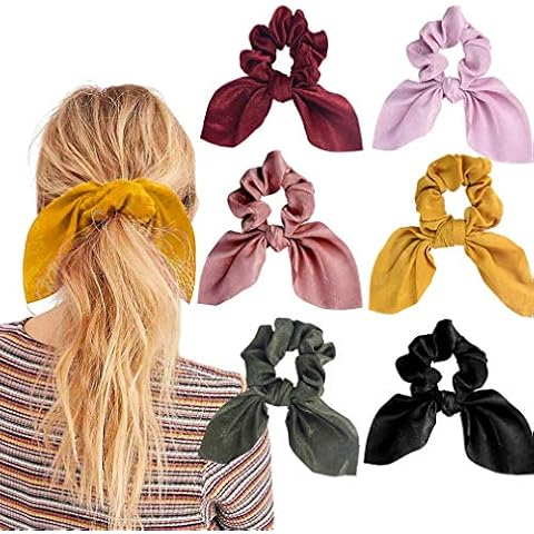 6PCS Hair Scrunchies Satin SilkRabbit Bunny Ear Bow Bowknot Scrunchie Bobbles Elastic Hair Ties Bands Ponytail Holder for Women Accessories Cover