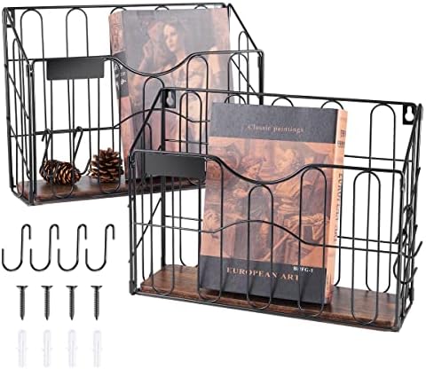 HOYRR Wall File Organizer, Wall File Holder, Wall Mounted File Organizer, Hanging File Holder With Label Panel, For Office Home, Iron and Wood Material Combination With S Shaped Hook (Pack of 2)