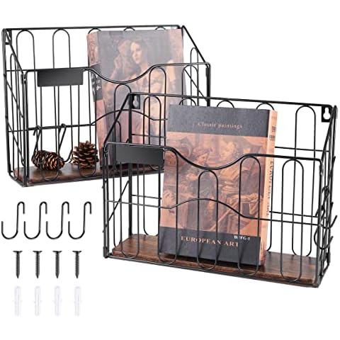 HOYRR Wall File Organizer, Hanging File Organizer, Wooden Wall File Holder, Wall Mounted File Holder With Label Panel and S Shaped Hook (Pack of 4) Cover