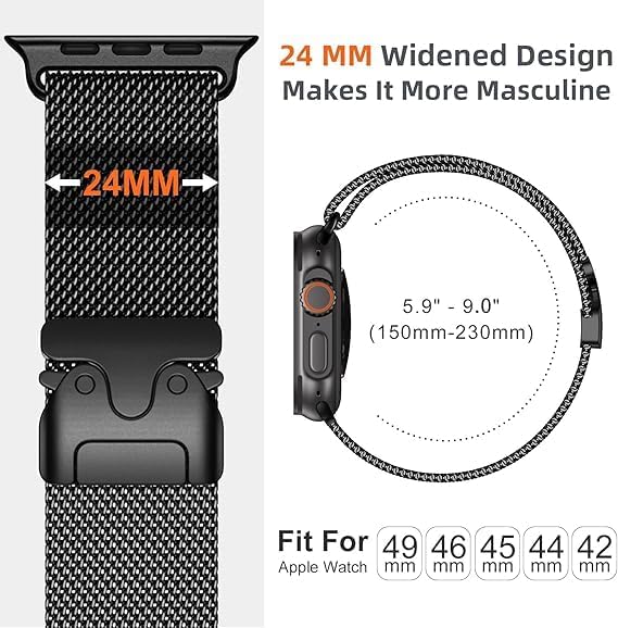 Image of GETSABLE Stainless Steel Mesh Loop Strap with Parachute-style Buckle Compatible with iwatch Ultra 2 /Ultra band 49mm, Series 10 46mm, 9 /8 /7 45mm, SE2 /SE /6 /5 /4 44mm, 3 /2 /1 42mm (Black)