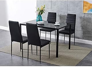 Dining Table and Chairs 4 Seater with Glass Room Leather Kitchen Furniture Set (Black Table120cm + 4 Black Chair)
