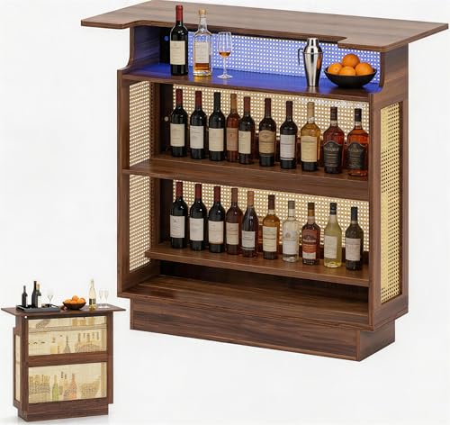 TANGZON 4 Tier Rattan Bar Table Home Bar Unit with RGB Light Strip Remote Control Glass Holders & U-shaped Notch Counter Height Wine Cabinet for Kitchen Pub Dining Living Room