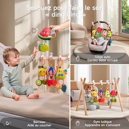 TUMAMA Hochet à suspendre pour landau de bébé de 0 à 3 à 6 à 9 mois, jouets d'apprentissage sensoriel pour nouveau-né avec son couineur et anneau de dentition, hochets en peluche citron pour siège – Image 5