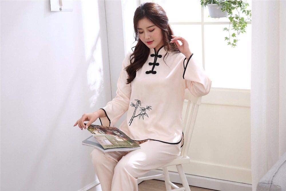 YUHOOE Pijamas De Mujer,Conjunto De Pijamas De Satén Sedoso Botón Tradicional Chino Bordado De Manga Larga Ropa De Dormir Pijamas Cómodos Sueltos Ropa De Dormir Ropa De Casa,Beige,XL