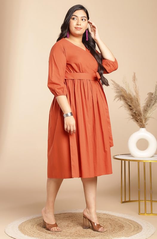 Image of Janasya Women's Pure Cotton Solid A-Line Below The Knee Dress