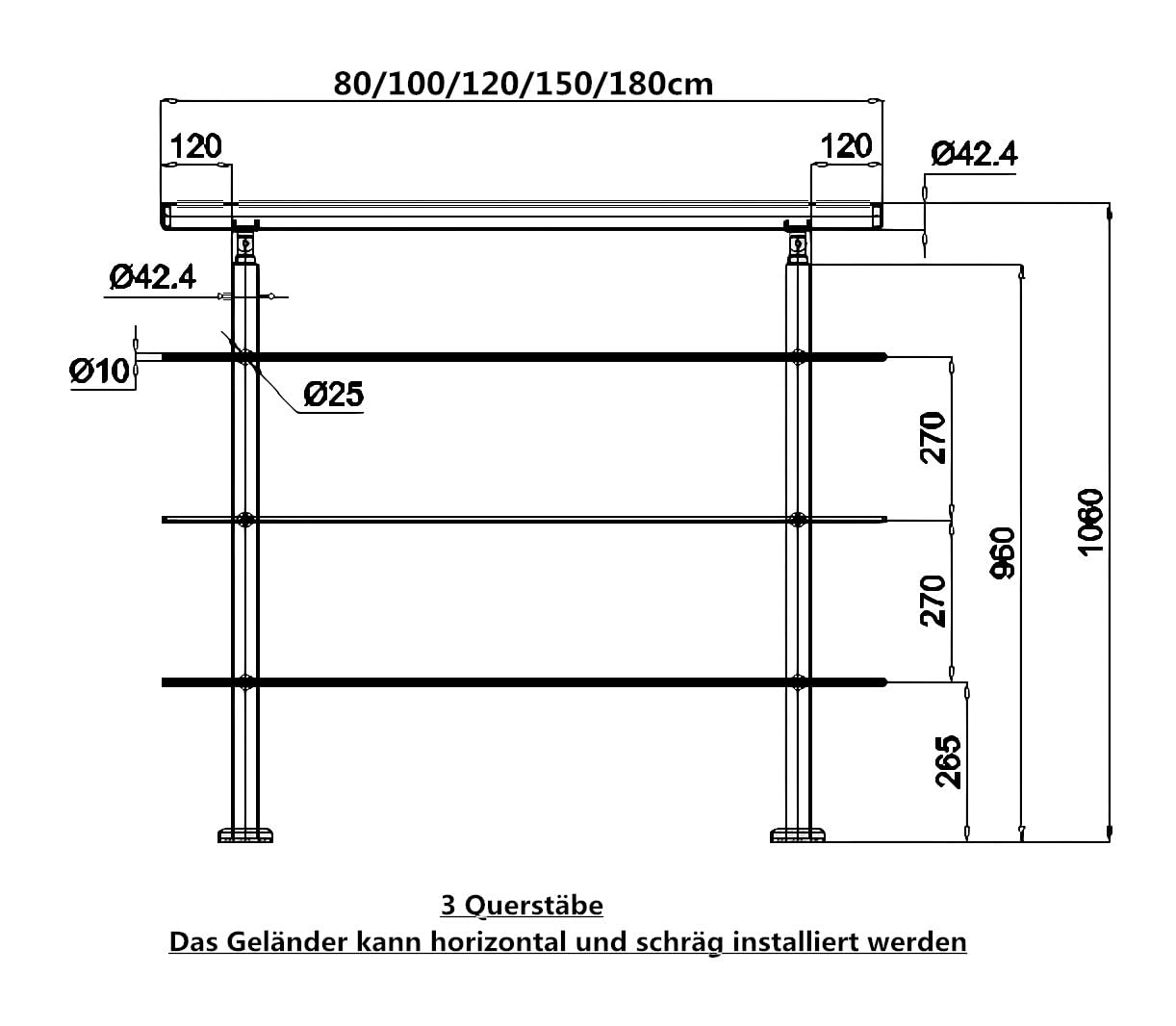 Aica Sanitär Edelstahl Geländer Treppengeländer mit Querstab Handlauf Brüstung Treppe Bausatz 180cm,Querstäbe 3