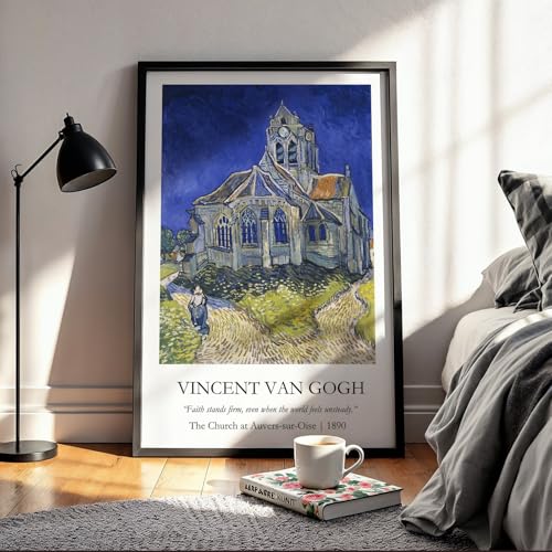 Image of Waltractive Vincent Van Gogh Paintings Framed Poster with Beautiful Quotes - Available in 33x22 and 48x33 CM - Classic Art Poster with sleek Black Frame - Elegant Home and Office Decor (The Church at Auvers-sur-Oise, 13x19 Inch, Framed)