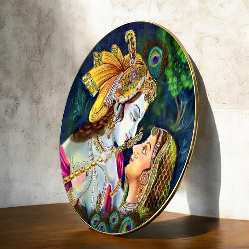 Image of PAINTINGMANTRA Radha Krishna Pichwai Art Round Large Wall Art Painting for Living Room Decoration, Circular Gold Metal Finish Stylish Large Wall Art Print for Wall Decor (22x22 Inches)