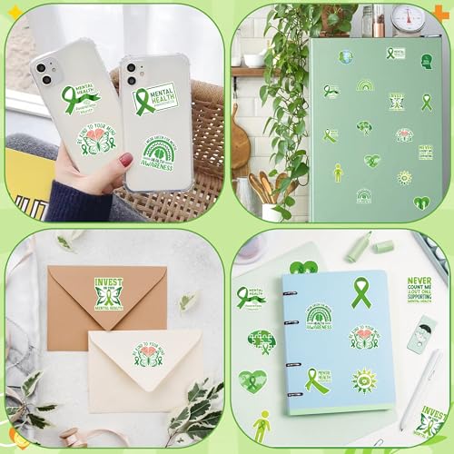 Image of Mental Health Awareness Stickers - 1000 Pcs Green Ribbon Mental Health Awareness Month Waterproof Vinyl Reusable Laptop Stickers Coloring Scrapbook Water Bottle Page Activity Pad Party Favors