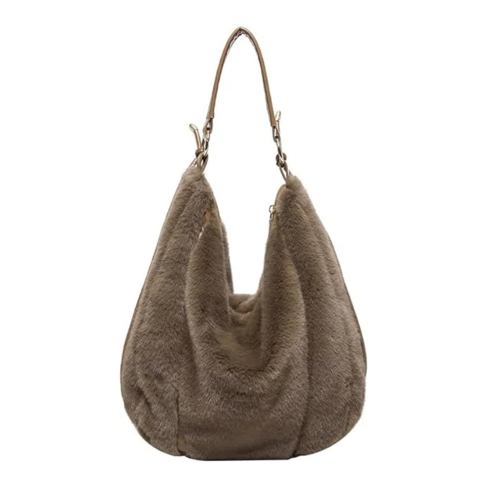 YONGLSP Fuzzy Tote Bag for Women, Fuzzy Purse Retro Fluffy Shoulder Bag with Zipper, Faux Fur Shoulder Bag Handbag, Autumn and Winter Shopping Casual Travel Bag (Coffee)
