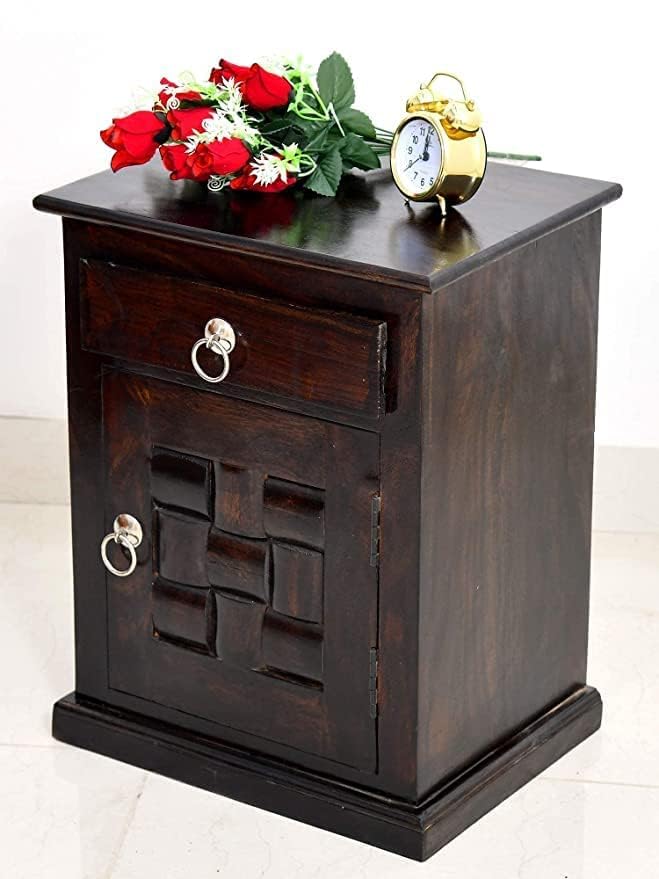MAHI DECORATION Solid Sheesham Wood Bedside Table for Bedroom | Handmade Pure Wooden Bed Side Nightstand End Table with 1 Drawer and 1 Door Storage for Home & Bed Room | Rosewood, Walnut Finish-image-29