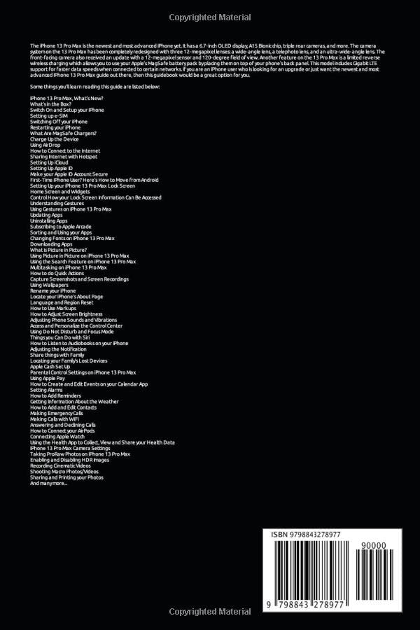Back cover of the iPhone 13 Pro Max User Guide book with ISBN barcode