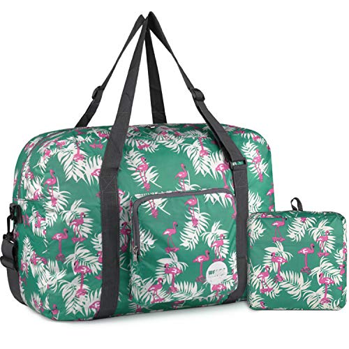 Wandf Foldable Travel Duffel Bag Carryon Luggage Sports Gym Weekend Tote Bag Water Resistant Nylon for Women (Flamingo G)