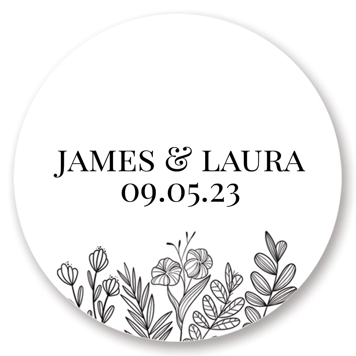 Personalised Floral Wedding Stickers/Labels in White or Brown (37mm (35 per Sheet), Names & Date, White)