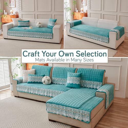Image of HOKIPO 'BelleLace Series' Imperial Milk Velvet Sofa Cover Mat with Lace Design| Make Your Own Sofa Cover Set, Mat Length 90(D) x 60(L) cm, Teal (AR-5962-TEAL)