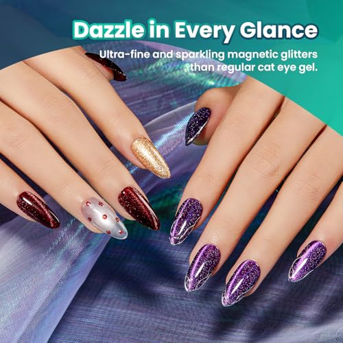 Image of Beetles Cat Eye Gel Nail Polish Set, Galaxy Beam 6 Colors Fall Gel Polish | Glitter Gel Polish Kit Red Blue Green Purple Teal Chameleon Magnetic Shine Soak Off UV Salon DIY Manicure Gifts for Women