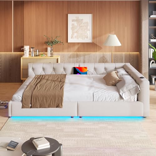 LANTRO JS Schlafsofa,L Förmiges Sofa,Couch mit Schlaffunktion,LED Beleuchtung, Kopfteil mit Knopftuft,Schlafsessel, Polsterbett 140x200cm(ohne Matratze),Beige