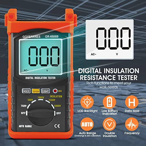 Insulation Resistance Tester,GR-6688B Portable Megohmmeter 200 Gig Ohm Digital Insulation Resistance with range 500V/1000V/2500V/5000V,with Data Hold Backlight,Testing for Floor Heating Cable - Image 2