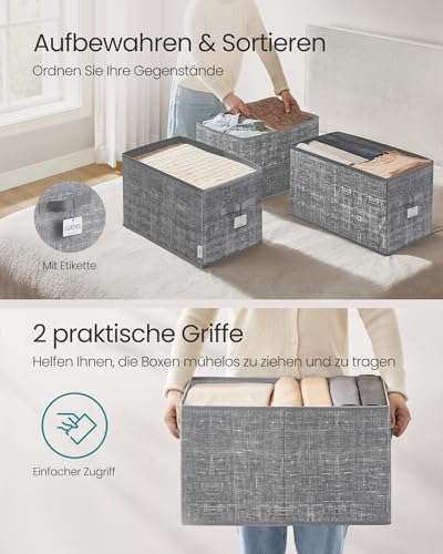 SONGMICS Aufbewahrungsbox 3er Set, zusammenklappbar, Stoffboxen aufbewahren, 50 x 30 x 30 cm, für Kleiderschrank, 2 Griffe, Etikette, für Schlafzimmer Wohnzimmer, schilfgrau ROB450G01