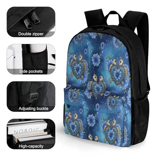 Backpack for Women Men, Blue Flowers Sea Turtle Love Reusable Lightweight Daypack for Commuting, Travel, Funny Breathable Shoulder Bag3