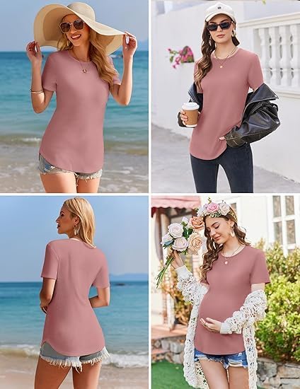 ELESOL 3 Pack Women Soft Maternity Shirts Ribbed Knit Pregnancy Tops Curved Hem Postpartum Tees Short Sleeve Pregnant Tshirt