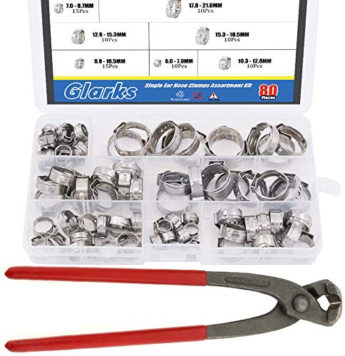 Glarks 80-Pcs Stainless Steel Hose Clamp Kit | 7-21mm Single Ear Clamps With Pincers Tool