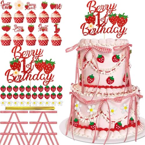 62PCS 1st Strawberry Bow Cake Decorations Set Happy Birthday Strawberry Cake and Cupcake Topper for Baby Shower First Birthday Party Decorations Supplies
