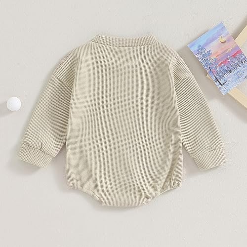 Baby Boy Girl Crewneck Sweatshirt Romper Waffle Knit Long Sleeve Bubble Romper Oversized Sweater Bodysuit Tops4