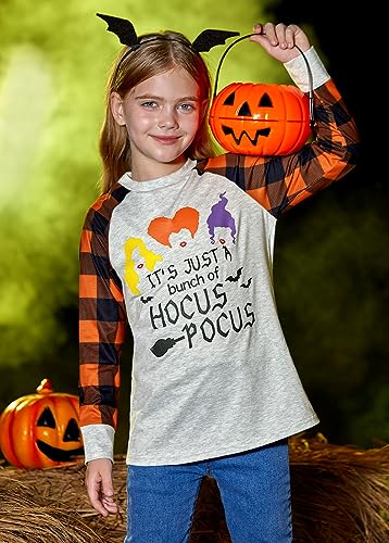 Image of BesserBay Girls Halloween Funny Plaid Graphic Shirt Long Sleeve Spooky Patchwork Raglan Top 5-14 Years