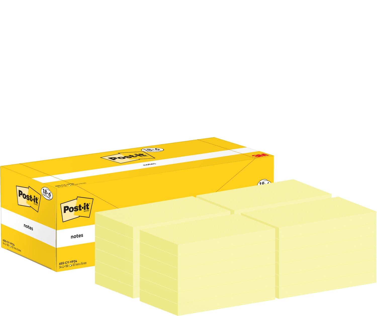 Post-it Notes Canary Yellow, Promo Pack 18 + 6 Free Pads, 100 Sheets per Pad, 76 mm x 127 mm, Yellow Color - Image 3