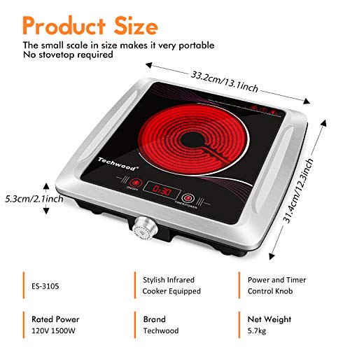 Techwood Hot Plate Electric Stove Single Burner Countertop Infrared Ceramic Cooktop, 1500W Timer And Touch Control, Portable Compatible All Cookware, Ceramic Glass & Stainless Steel Easy To Clean #TOP4