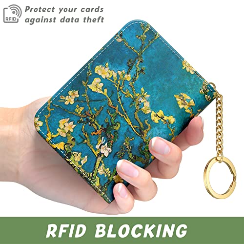 Image of Aiawoxc Credit Card Holder, Small RFID Wallet Slim Leather Card Organizer Case with Zipper and Keychain, Almond Tree
