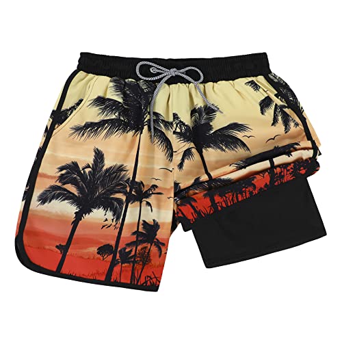 Mens Swim Trunks With Compression Liner Beach Swim Shorts For Men 80S 90S Fashion Vintage Coconut Tree L #TOP4