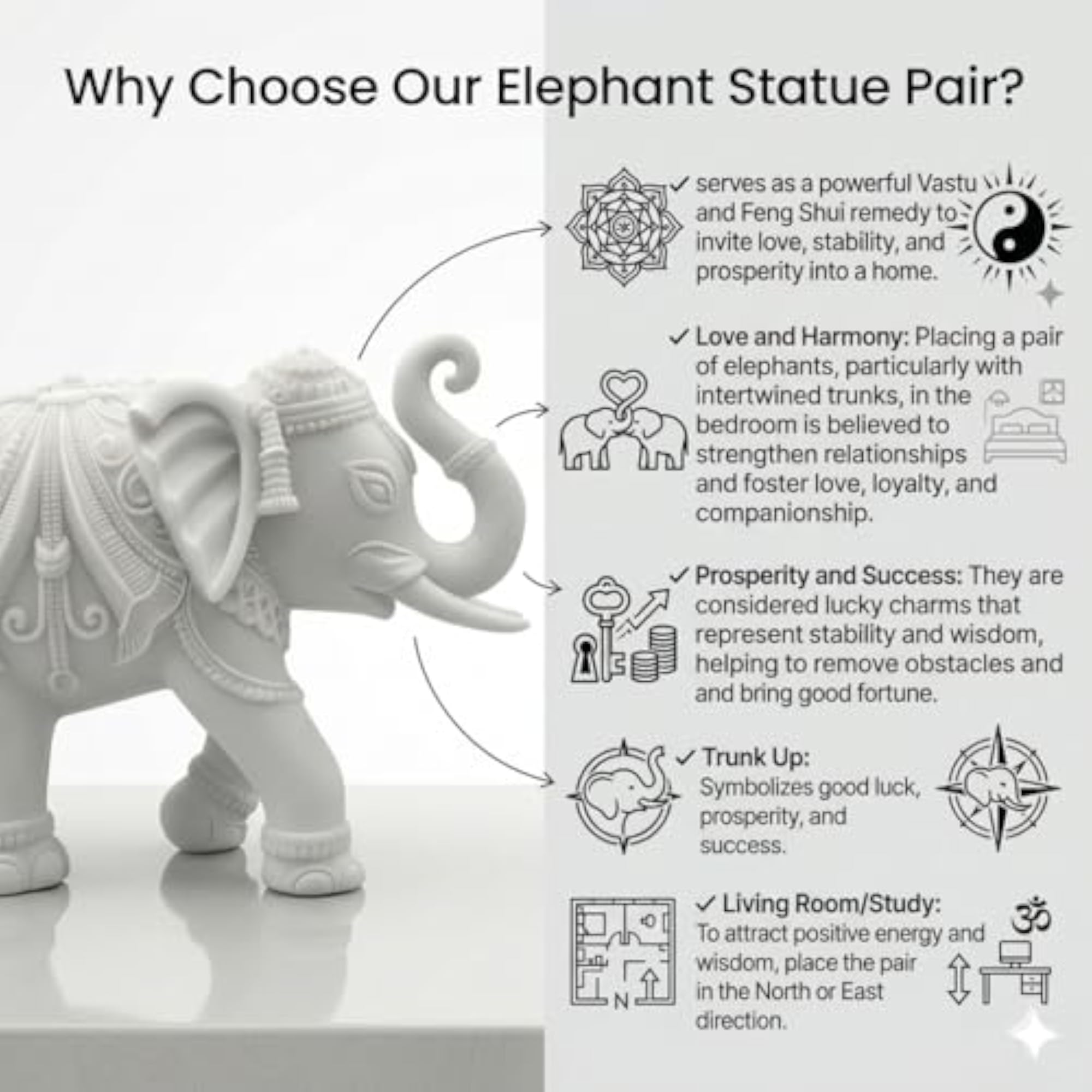White Marble Dust Trunk Up Elephant Statue Pair for Home Decor