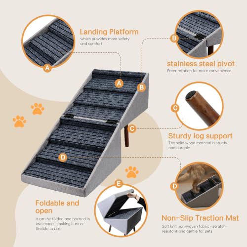 Image of XXL 6-Step Dog Stairs for High Bed, 21.6 inch H Wood Dog Steps & Ottoman Bench, Sturdy 400lbs Capacity Pet Ladder with Non-Slip Fabric for Large Premium Dogs, Injury Recovery