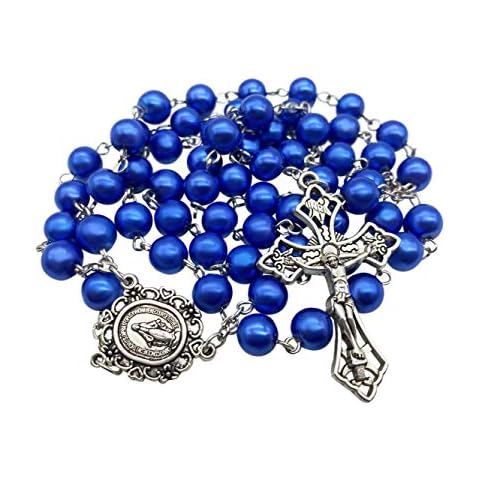 Nazareth Store Blue Pearl Beads Rosary Necklace Catholic Men Women Rosary with Miraculous Medal and Silver Cross Cover