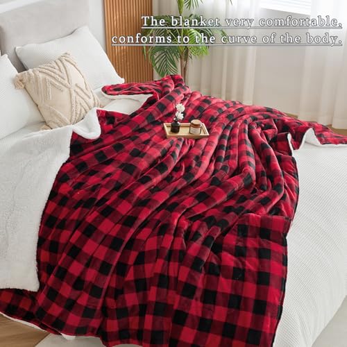 CHOSHOME Sherpa Fleece Blanket- Thick Warm Blanket for Winter, Soft Fuzzy Plush Blanket for Bed, Couch, Travel (Checker Red, King 90" x 108")